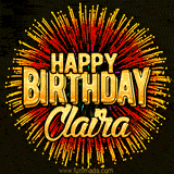 Golden 'Happy Birthday Claira' text accompanied by animated rainbow fireworks for a festive animated greeting.