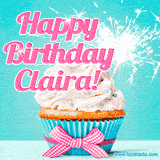 A festive cupcake with pink icing, a gingham bow, and a lit animated sparkler, paired with 'Happy Birthday Claira!' in bright pink text.