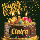A delightful chocolate birthday cake with bright candles and 'Happy Birthday Claira' written in gold amidst a shower of animated stars.