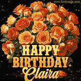 Animated bouquet of orange roses with moving butterfles and golden 'Happy Birthday Claira' text, surrounded by sparkling accents and a dark backdrop for a luxurious feel.