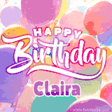 A vibrant name GIF featuring colorful balloons in shades of pink, orange, and yellow with the bold text 'Happy Birthday Claira' in festive fonts, creating a lively birthday vibe.