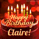 Beautifully decorated red velvet berry birthday cake with vibrant fruits and a glowing 'Claire' name, adding a touch of sweetness and sparkle.