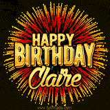 Golden 'Happy Birthday Claire' text accompanied by animated rainbow fireworks for a festive animated greeting.