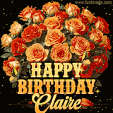 Animated bouquet of orange roses with moving butterfles and golden 'Happy Birthday Claire' text, surrounded by sparkling accents and a dark backdrop for a luxurious feel.