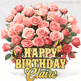 Golden 'Happy Birthday Claire' text beneath a vibrant bouquet of orange roses, complete with glittering butterflies and sparkling details.