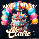 Bright birthday animation for Claire with a chocolate cake, candles, balloons, and glowing celebratory lights.