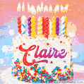 Personalized for Claire elegant birthday cake adorned with rainbow sprinkles, colorful candles and glitter