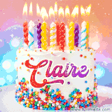 A cheerful white birthday cake with multicolor sprinkles, lit candles, and 'Claire' written in vibrant letters, in an animated GIF.