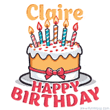 Cartoon birthday cake with a red bow, glowing candles, and 'Claire Happy Birthday' text in bold animated style.