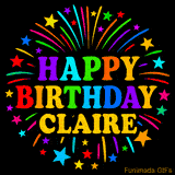 Personalized greeting card with name, colorful text that says 'Happy Birthday Claire' surrounded by animated fireworks and multicolor stars