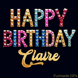 Vibrant luxury birthday greeting card for Claire, showing glittering gemstone letters and golden calligraphy on a dark background with twinkling shine effects.