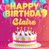 Pink-themed animated greeting with balloons, confetti, and a frosted cake under the message 'Happy Birthday Claire' in bold rounded yellow font.