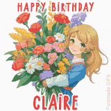 Bright floral birthday animation for Claire showing a cute cartoon girl with golden hair and expressive eyes holding a huge bouquet, surrounded by birthday text.