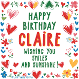 A colorful animated card for Claire’s birthday featuring playful hearts, cheerful flowers, and a handwritten message wishing smiles and sunshine.