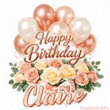Elegant animated Happy Birthday Claire image featuring soft pink roses and balloons
