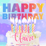 A vibrant animated name GIF with the words 'Happy Birthday Claire' with colorful candles on a creamy cake. The background sparkles with pastel shades, adding a festive touch.