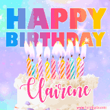 A vibrant animated name GIF with the words 'Happy Birthday Clairene' with colorful candles on a creamy cake. The background sparkles with pastel shades, adding a festive touch.