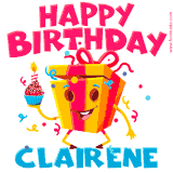 A vibrant and funny gift box character with a happy face dancing with a cupcake and the text 'Happy Birthday Clairene,' surrounded by animated confetti and party vibes.