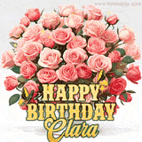 Golden 'Happy Birthday Clara' text beneath a vibrant bouquet of orange roses, complete with glittering butterflies and sparkling details.