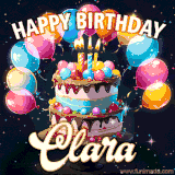 Bright birthday animation for Clara with a chocolate cake, candles, balloons, and glowing celebratory lights.