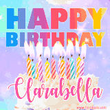 A vibrant animated name GIF with the words 'Happy Birthday Clarabella' with colorful candles on a creamy cake. The background sparkles with pastel shades, adding a festive touch.