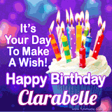 A colorful birthday GIF for Clarabelle featuring a cupcake with vibrant lit candles and the text 'It's Your Day to Make a Wish! Happy Birthday Clarabelle' in bold letters on a festive purple background.