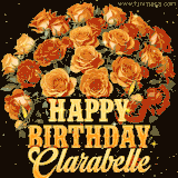 Animated bouquet of orange roses with moving butterfles and golden 'Happy Birthday Clarabelle' text, surrounded by sparkling accents and a dark backdrop for a luxurious feel.