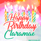 Bright birthday candles with rainbow flames on a cake, alongside the text 'Happy Birthday Claramae' in vibrant script in this celebratory animated GIF.