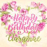A stunning heart made of pink roses surrounds the elegant script text 'Happy Birthday Claramae' on a soft beige background. Animated sparkles add a magical and festive feel.