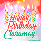 Bright birthday candles with rainbow flames on a cake, alongside the text 'Happy Birthday Claramay' in vibrant script in this celebratory animated GIF.
