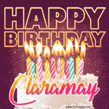 A colorful birthday cake topped with lit candles, with the words 'Happy Birthday Claramay' in bold glowing letters on a burgundy background. Animated flames add a festive touch.