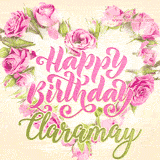 A stunning heart made of pink roses surrounds the elegant script text 'Happy Birthday Claramay' on a soft beige background. Animated sparkles add a magical and festive feel.
