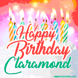 Bright birthday candles with rainbow flames on a cake, alongside the text 'Happy Birthday Claramond' in vibrant script in this celebratory animated GIF.
