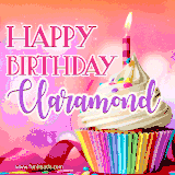 A vibrant birthday GIF featuring a rainbow-colored cupcake topped with white frosting, sprinkles, and a lit candle. The text reads 'Happy Birthday Claramond' in bold pink and violet letters with white outline.