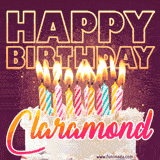 A colorful birthday cake topped with lit candles, with the words 'Happy Birthday Claramond' in bold glowing letters on a burgundy background. Animated flames add a festive touch.