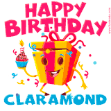 A vibrant and funny gift box character with a happy face dancing with a cupcake and the text 'Happy Birthday Claramond,' surrounded by animated confetti and party vibes.