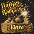 Celebrate Clare's birthday with a GIF featuring chocolate cake, a lit sparkler, and golden stars