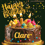 A delightful chocolate birthday cake with bright candles and 'Happy Birthday Clare' written in gold amidst a shower of animated stars.