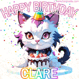 Adorable party-themed animated cat next to a lit birthday cake with text that says 'Happy Birthday Clare,' surrounded by colorful decorations and sparkles.