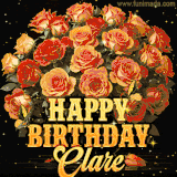 Animated bouquet of orange roses with moving butterfles and golden 'Happy Birthday Clare' text, surrounded by sparkling accents and a dark backdrop for a luxurious feel.