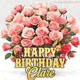 Golden 'Happy Birthday Clare' text beneath a vibrant bouquet of orange roses, complete with glittering butterflies and sparkling details.