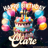 Bright birthday animation for Clare with a chocolate cake, candles, balloons, and glowing celebratory lights.