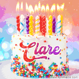 A cheerful white birthday cake with multicolor sprinkles, lit candles, and 'Clare' written in vibrant letters, in an animated GIF.