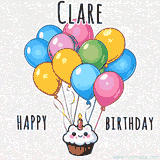 An adorable and cute cupcake with a smiley face and moving colorful balloons create a joyful birthday greeting for Clare in this cheerful animated greeting E-card.