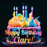 A mesmerizing animated cake with multicolor frosting and candles, and the words 'Happy Birthday Clare' on the black background.