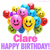 Animated colorful and joyful birthday balloons with cheerful smiles and a bright 'Happy Birthday Clare!' message in pink and purple.