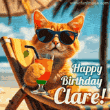 An animated orange cat wearing sunglasses, sitting on a beach chair with a tropical drink, with a festive 'Happy Birthday Clare!' message.