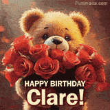 Cinematic style cute animated teddy bear with charming features holding a large bouquet of red roses, the words say 'Happy Birthday Clare' in sans serif font.