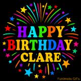 Personalized greeting card with name, colorful text that says 'Happy Birthday Clare' surrounded by animated fireworks and multicolor stars