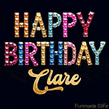 Vibrant luxury birthday greeting card for Clare, showing glittering gemstone letters and golden calligraphy on a dark background with twinkling shine effects.